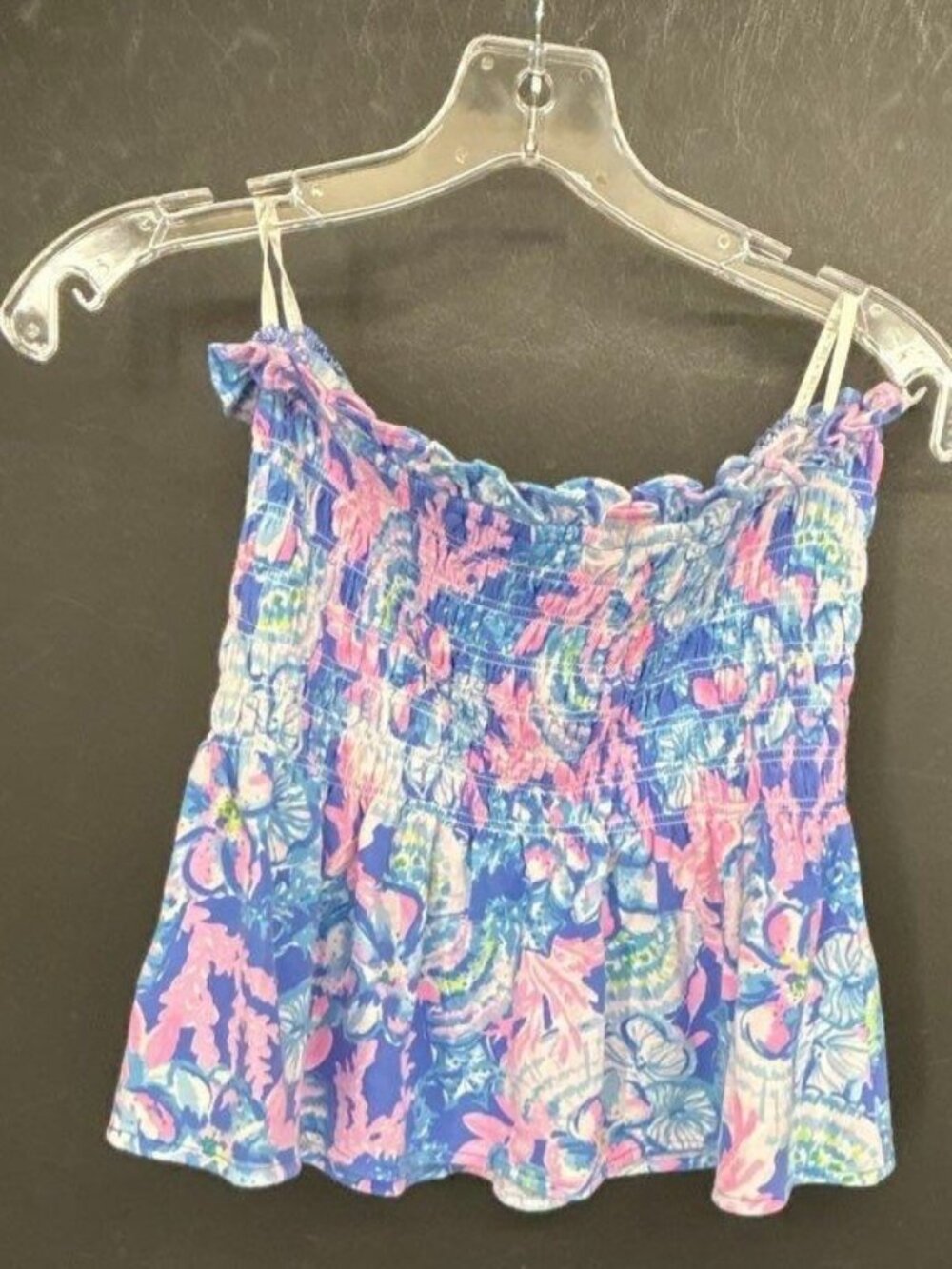 Lilly Pulitzer Blue Pink Seashell Coral Smocked Ruffle Peplum Top M